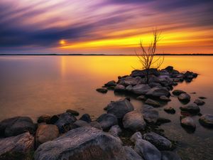 Preview wallpaper lake, stones, sunset, water, reflection, tree