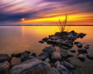 Preview wallpaper lake, stones, sunset, water, reflection, tree