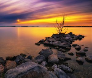 Preview wallpaper lake, stones, sunset, water, reflection, tree