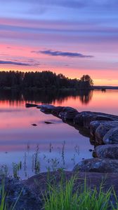 Preview wallpaper lake, stones, sunset, trees, reflection
