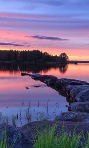 Preview wallpaper lake, stones, sunset, trees, reflection