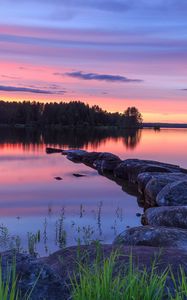 Preview wallpaper lake, stones, sunset, trees, reflection