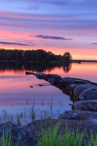 Preview wallpaper lake, stones, sunset, trees, reflection