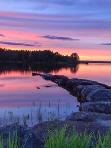 Preview wallpaper lake, stones, sunset, trees, reflection