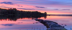 Preview wallpaper lake, stones, sunset, trees, reflection