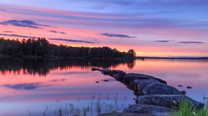 Preview wallpaper lake, stones, sunset, trees, reflection