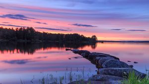 Preview wallpaper lake, stones, sunset, trees, reflection
