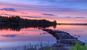 Preview wallpaper lake, stones, sunset, trees, reflection