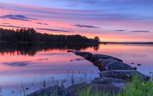 Preview wallpaper lake, stones, sunset, trees, reflection