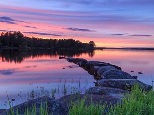 Preview wallpaper lake, stones, sunset, trees, reflection