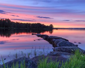 Preview wallpaper lake, stones, sunset, trees, reflection