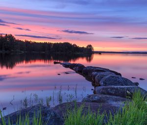 Preview wallpaper lake, stones, sunset, trees, reflection