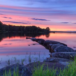 Preview wallpaper lake, stones, sunset, trees, reflection