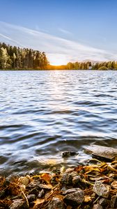 Preview wallpaper lake, stones, trees, sun, horizon