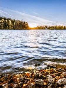 Preview wallpaper lake, stones, trees, sun, horizon