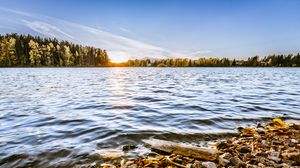 Preview wallpaper lake, stones, trees, sun, horizon