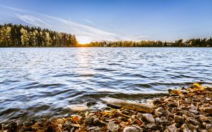 Preview wallpaper lake, stones, trees, sun, horizon