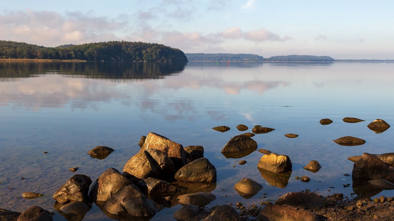 Wallpaper lake, stones, trees, horizon, sky