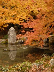 Preview wallpaper lake, stones, trees, autumn, yellow
