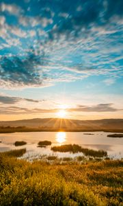 Preview wallpaper lake, sun, dawn, shore, landscape