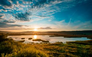 Preview wallpaper lake, sun, dawn, shore, landscape