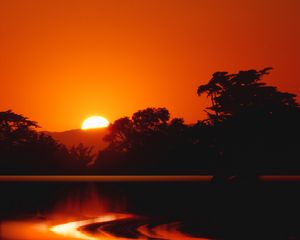 Preview wallpaper lake, sun, sunset, trees, dark