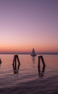 Preview wallpaper lake, sunset, boat, horizon, lake neusiedl, austria