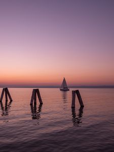 Preview wallpaper lake, sunset, boat, horizon, lake neusiedl, austria