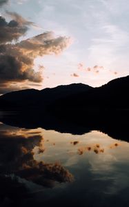 Preview wallpaper lake, sunset, clouds, reflection, trees, sky