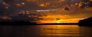 Preview wallpaper lake, sunset, ducks, evening, dusk