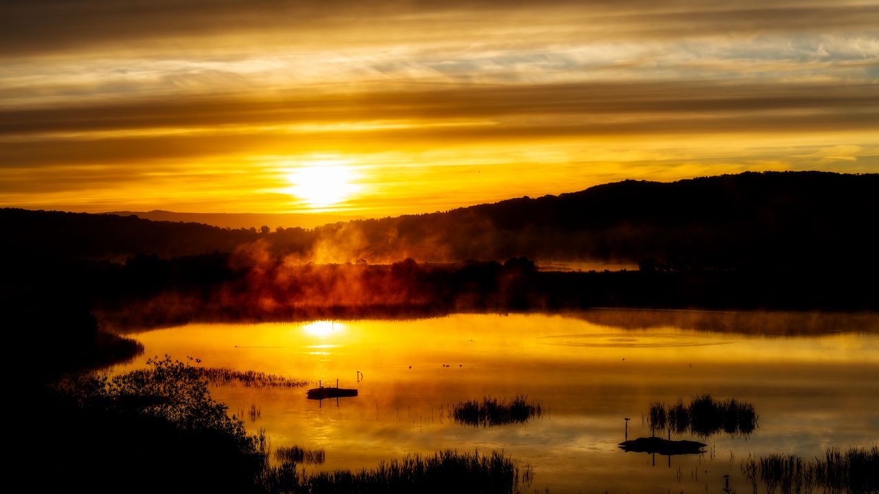 Wallpaper lake, sunset, fog, twilight, landscape