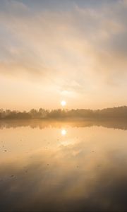 Preview wallpaper lake, sunset, fog, dusk, reflection