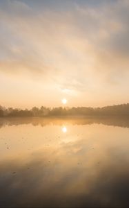 Preview wallpaper lake, sunset, fog, dusk, reflection