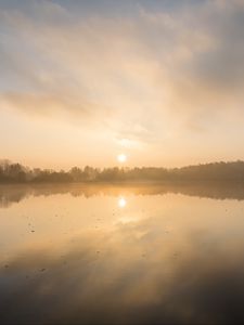 Preview wallpaper lake, sunset, fog, dusk, reflection