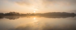 Preview wallpaper lake, sunset, fog, dusk, reflection