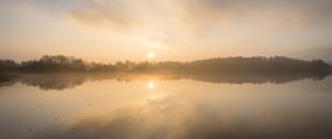 Preview wallpaper lake, sunset, fog, dusk, reflection