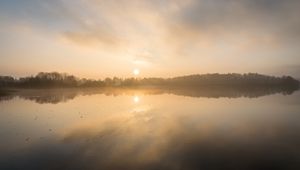 Preview wallpaper lake, sunset, fog, dusk, reflection