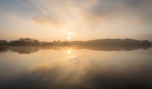 Preview wallpaper lake, sunset, fog, dusk, reflection