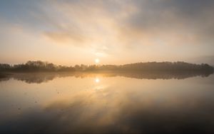 Preview wallpaper lake, sunset, fog, dusk, reflection