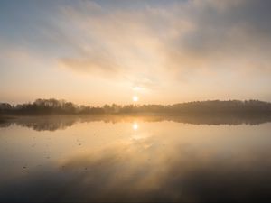 Preview wallpaper lake, sunset, fog, dusk, reflection