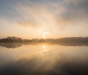 Preview wallpaper lake, sunset, fog, dusk, reflection