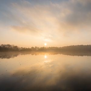 Preview wallpaper lake, sunset, fog, dusk, reflection