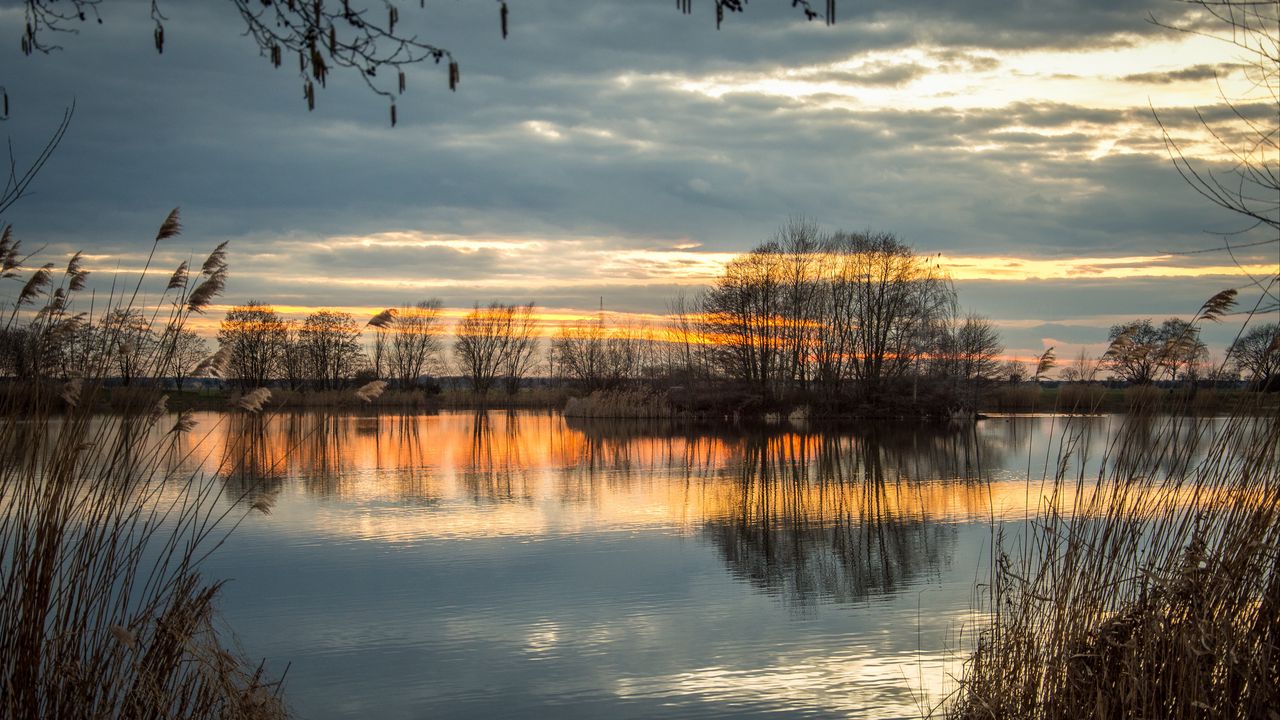 Wallpaper lake, sunset, grass, reflection