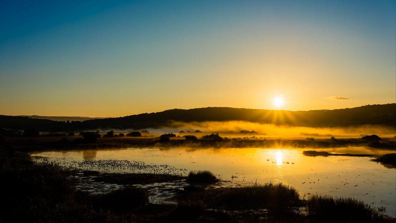 Wallpaper lake, sunset, grass, sky, shadows