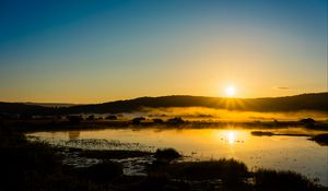 Preview wallpaper lake, sunset, grass, sky, shadows