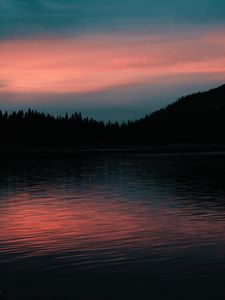 Preview wallpaper lake, sunset, horizon, evening, trees