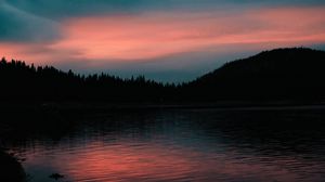 Preview wallpaper lake, sunset, horizon, evening, trees