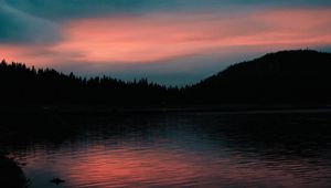 Preview wallpaper lake, sunset, horizon, evening, trees