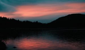 Preview wallpaper lake, sunset, horizon, evening, trees