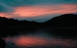 Preview wallpaper lake, sunset, horizon, evening, trees